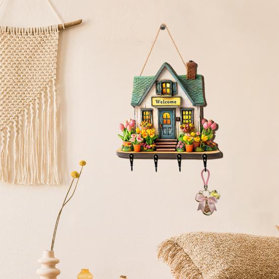 Hängendes Schild 'Feenhaus' aus Holz, Schlüsselhalter im Landhausstil Wanddeko mit 4 Haken, Vintage Blumen-Hängegestell für Eingangsbereich Flur Küche