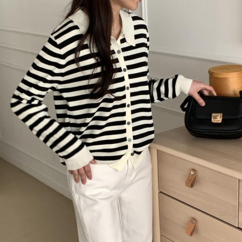 Shop Women S Daily Look Collared Striped Knit Cardigan Black 21dS Wcd260094