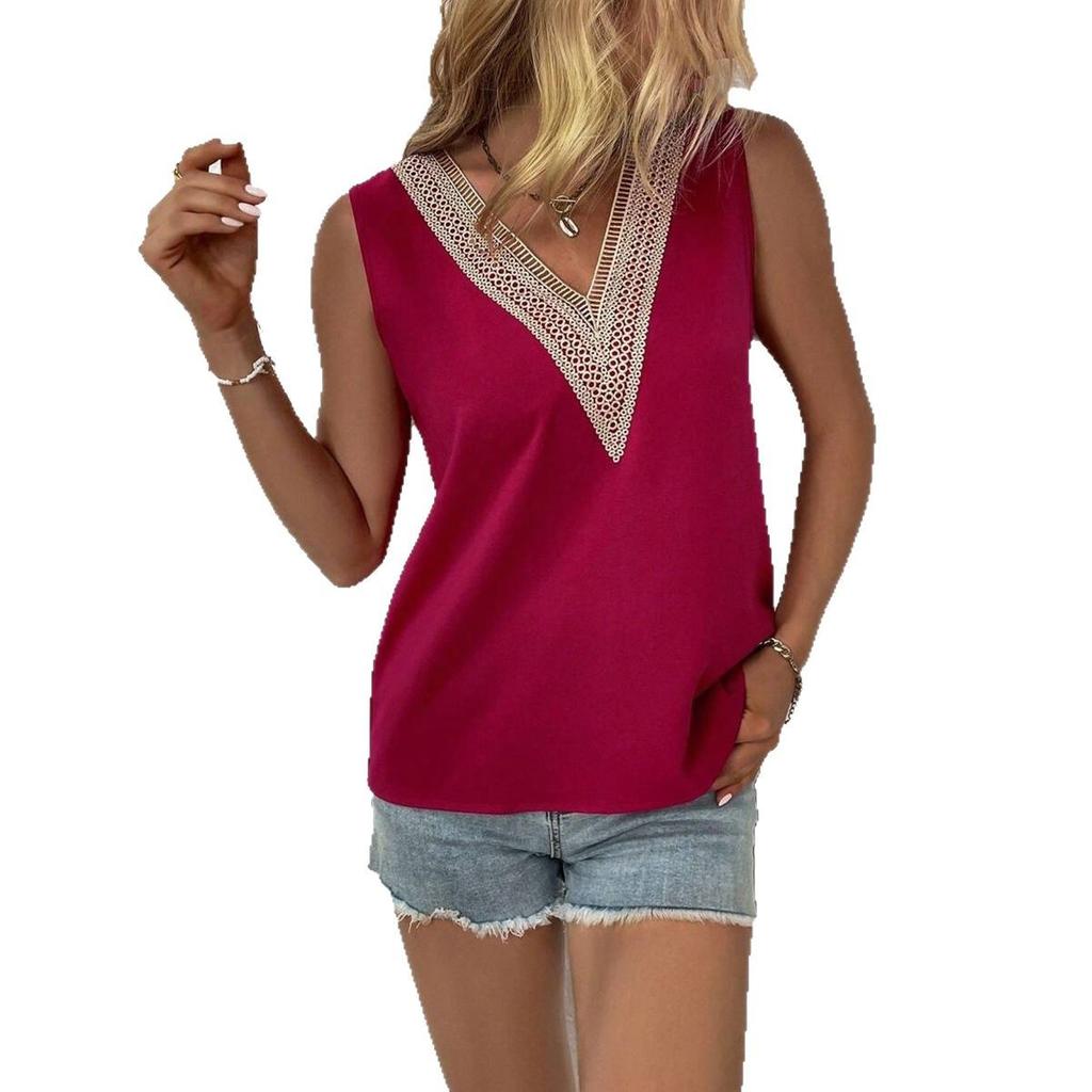 Women's Lace Patchwork Top Satin Shirt, Spring and Summer Loose Sleeveless Blouses & Shirts