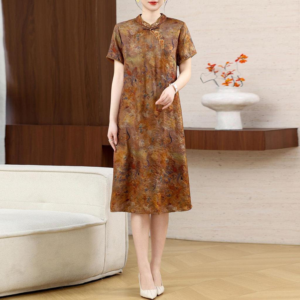 2026 Summer Chinese Style Cheongsam Dress: Women's Stand Collar Frog Button for Middle-aged Mothers