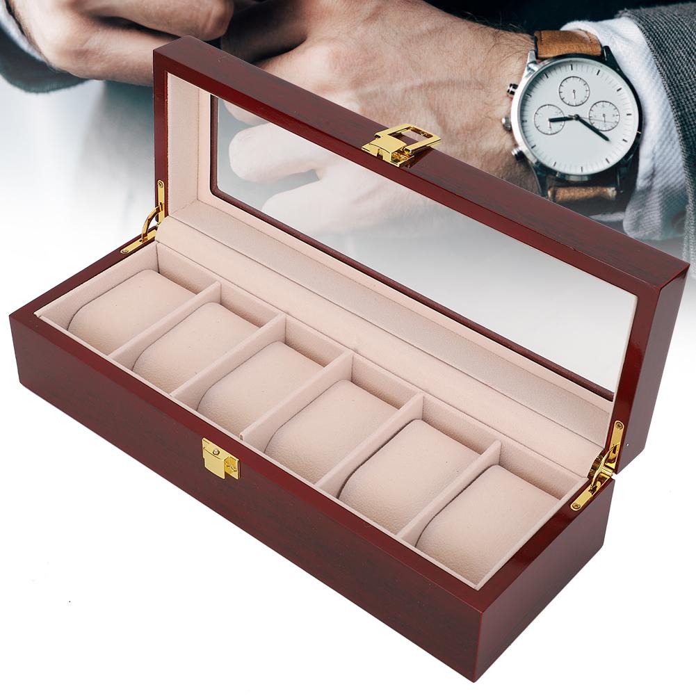 Wooden 6 Grid Watch Display Box Transparent Window Watch Storage Box (Red)
