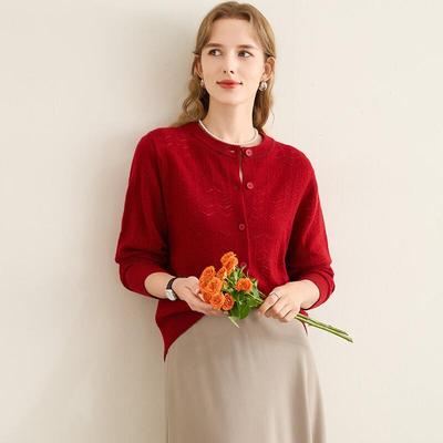 TUHUANG Women's Pure Wool Openwork Knit Cardigan