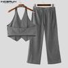 INCERUN Two Pieces Men Halter Neck Sleeveless Vest and Zipper Up Long Suit Pants Sets