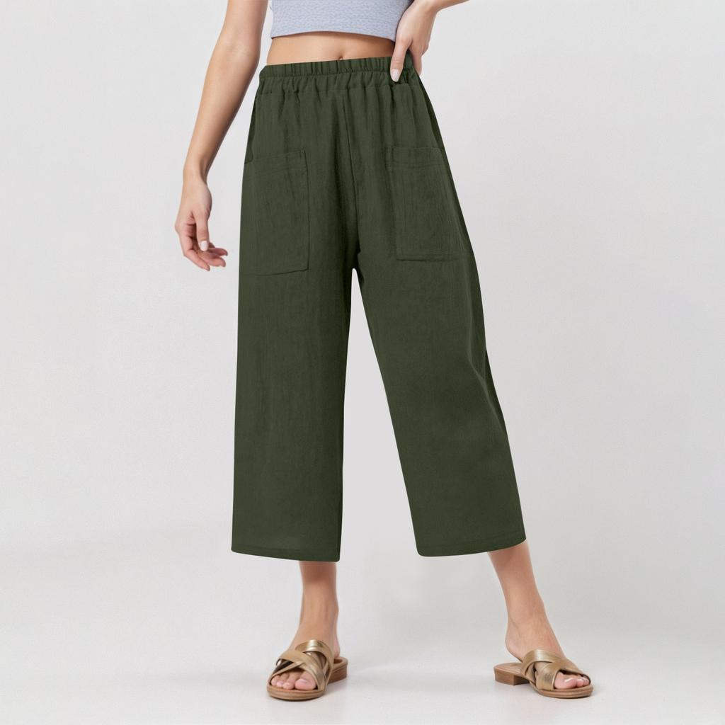 Damen Elastische Taille Cropped Hosen Lässige Baumwoll- und Leinenhosen