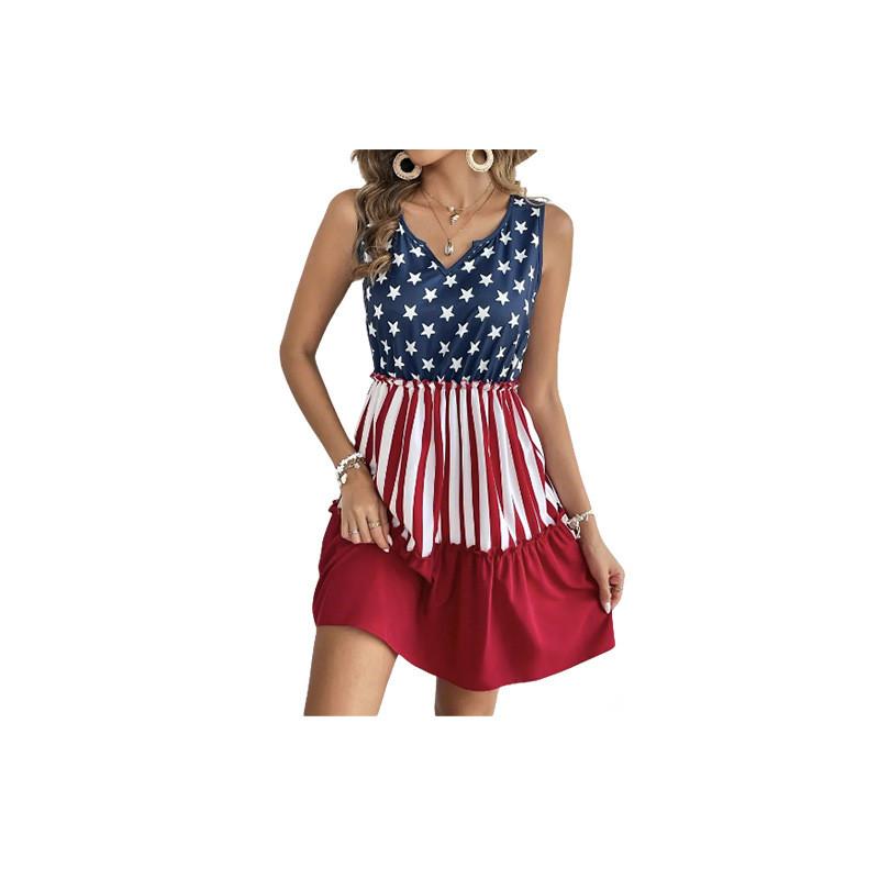 Vintage American Flag Sleeveless Vneck Dress With Polyester Fabric For Casual Wear