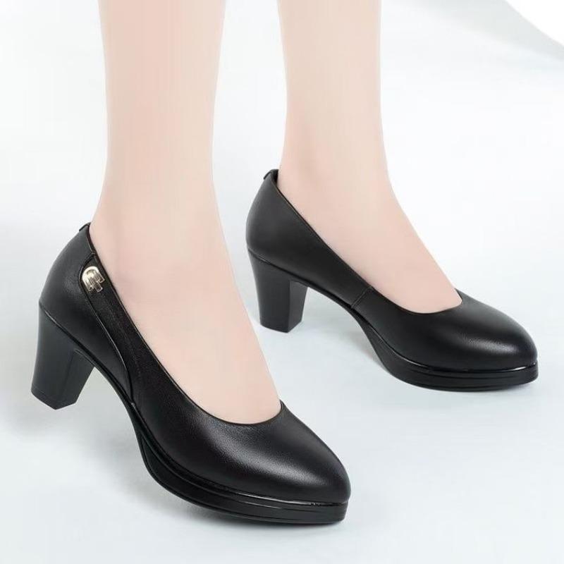 Fashion Womens High Heels 2025 Autumn New Soft Leather Soft-soled Mother Shoes Middle Heel Comfortable Breathable Non-slip Work Shoes
