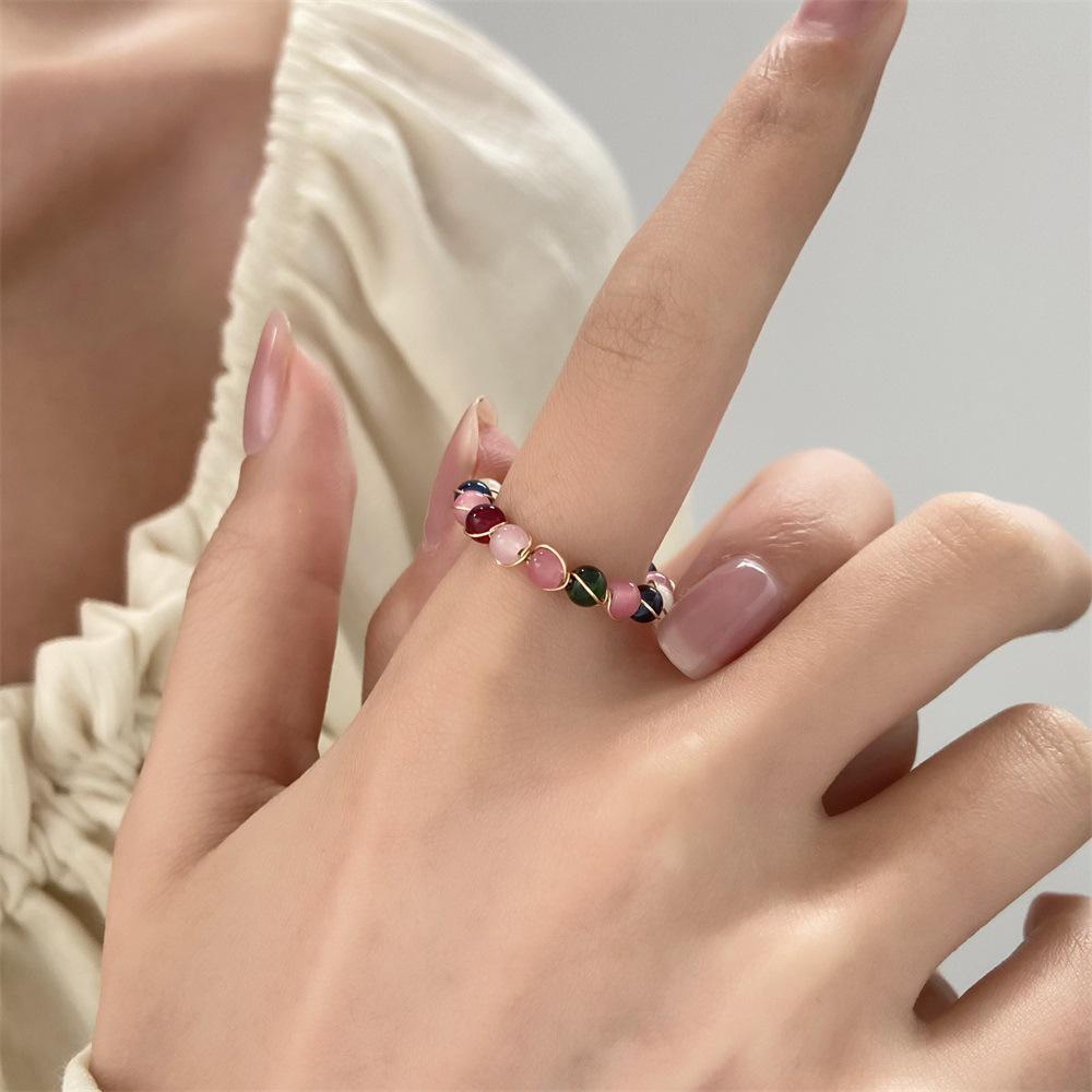 Natural Stone Tourmaline Ring - Light Luxury, Candy-Colored Beaded, Chinese-Style, Open Design for Index Finger.