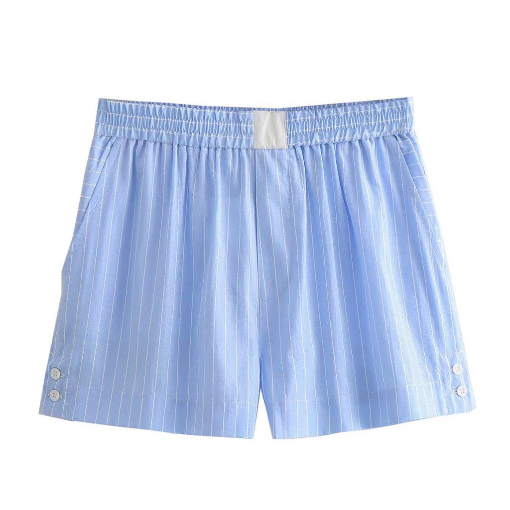 Spring 2025 Women's Striped Color Block Shirt & Shorts Set - European/American Style