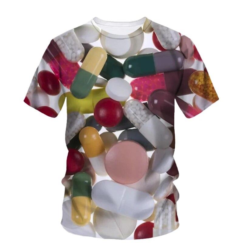 Modne nowe, oryginalność Pill Graphic T-shirty dla mężczyzn Casual Artystyczny trend osobowości Zabawne drukowane koszulki z krótkim rękawem i okrągłym dekoltem