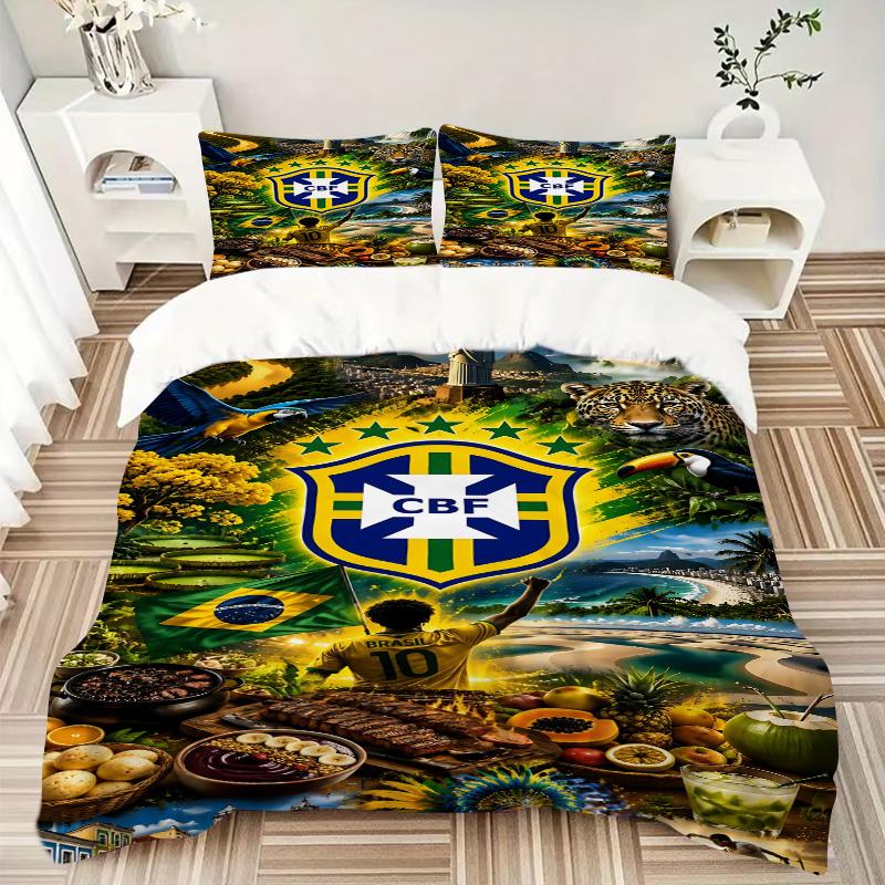 3pcs Brazilian Football Celebration Bedding Set, Includes One Quilt Cover and Two Pillowcases, Bedroom and Guest Room Decoration. T72301147