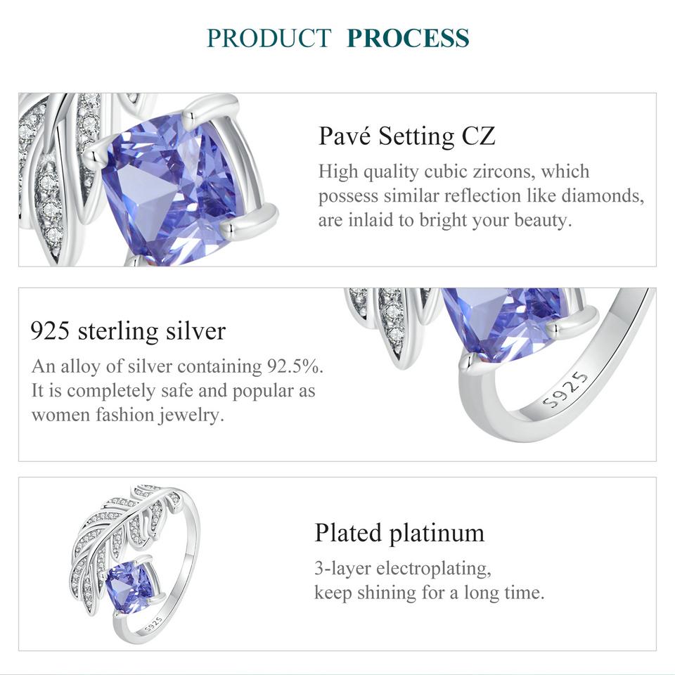 BAMOER 925 Sterling Silver Adjustable Feather Ring For Women with Blue Gemstone Dainty Feather Sizable Ring Jewelry