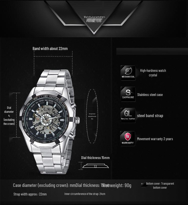 Best-Selling Men's Automatic Skeleton Watch, Stainless Steel Large Dial Luminous Design