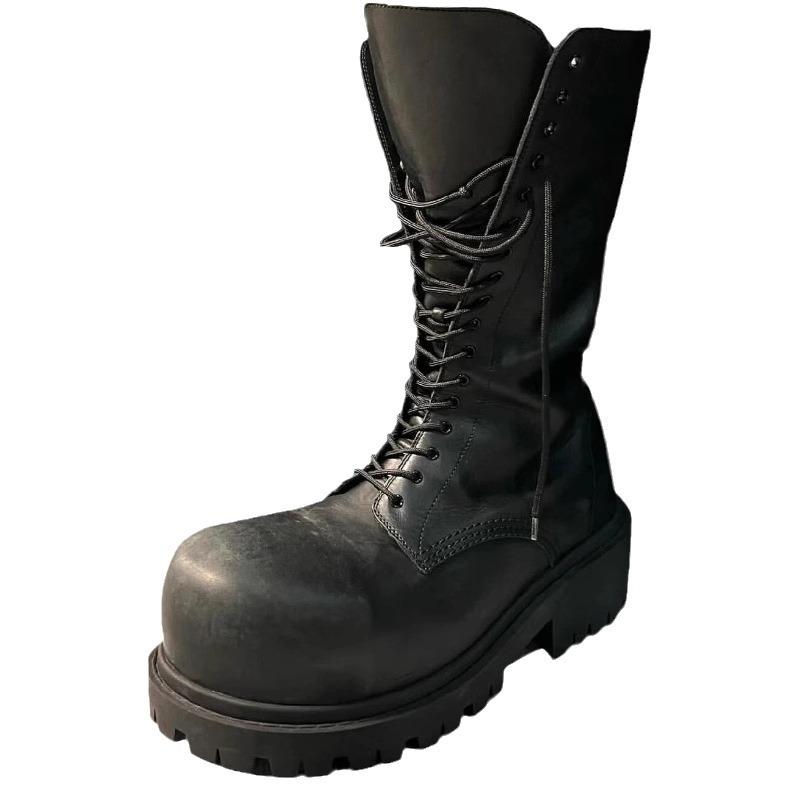 Leder supercoole Big Head Martin Stiefel Damen Rundkopf hochgezogene Spitze mittelhohe Stiefel Herren und Damen gleich dicker Absatz erhöht dicksölig Schnür-