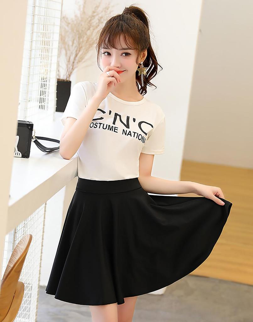 Sharphon Black Flared Length Elastic Korean with Inner High Mini Solid Perfect for and Everyday REI211 Skirt, 45cm, Waist, Style, Pants, Waist,