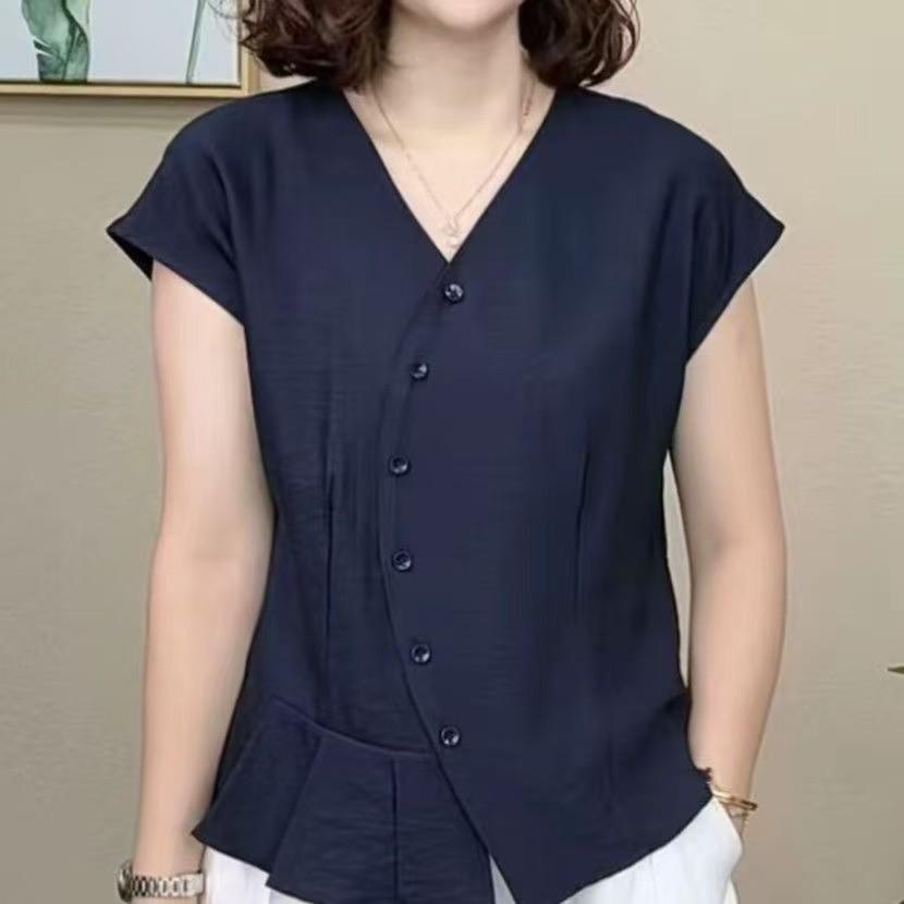 

2025 Summer Women s V-neck Button-up Short-sleeved Top L [Suggested 90-105 lbs] темно-синий
