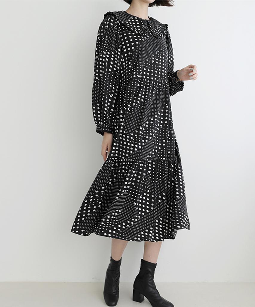 Ppaeppae Sailor Frill Collar Dot Long Dress