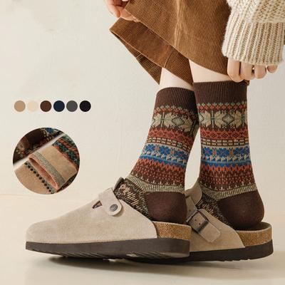 Retro Nationaler Stil Stickerei Blumen Socken Damen Trend Streetwear Gestrickt Mittellange Socken Weiblich Herbst Winter Chic Kontrast Socken