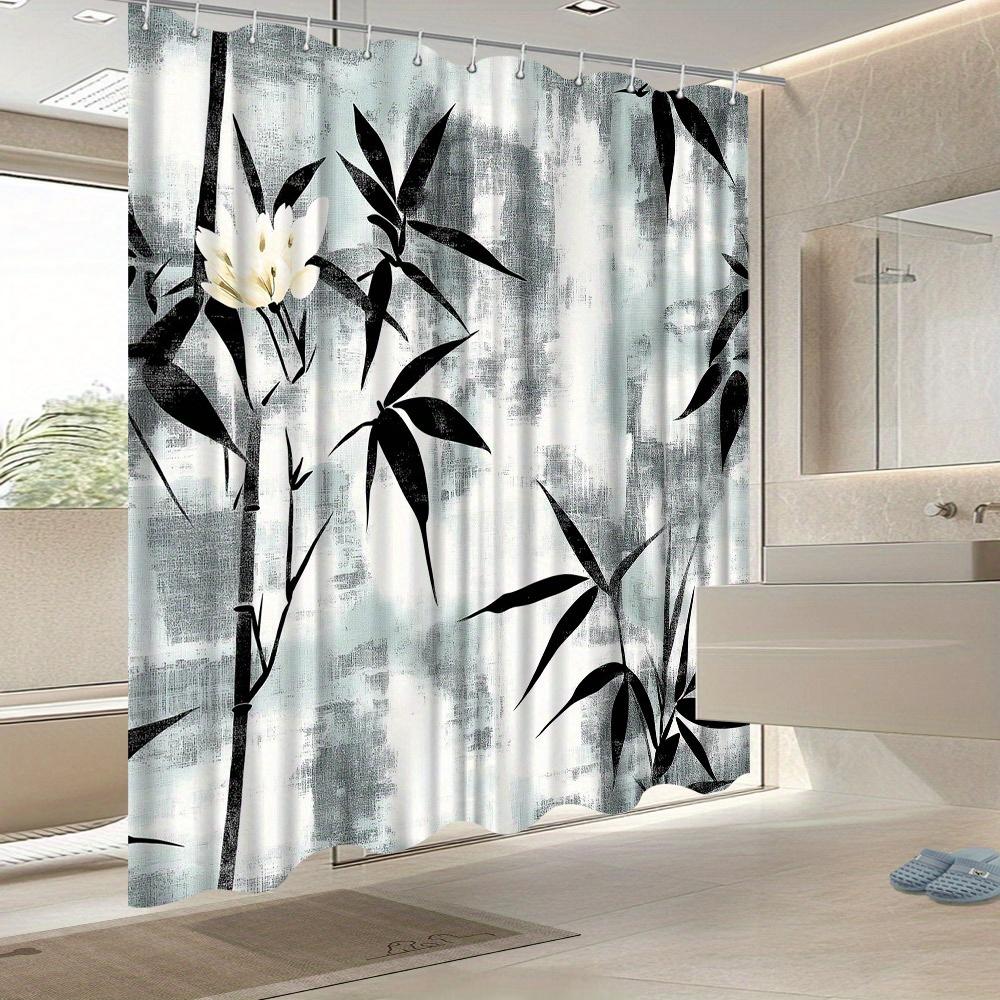 Bamboo Minimalist Shower Curtain, Monochromatic Bamboo & White Flowers, Fade-Resistant Polyester, Calming Bath Decor