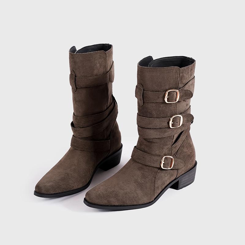 

Pointed thick heel knight boots short boots women s autumn 2025 new British style buckle western boots medium tube Martin boots women 40