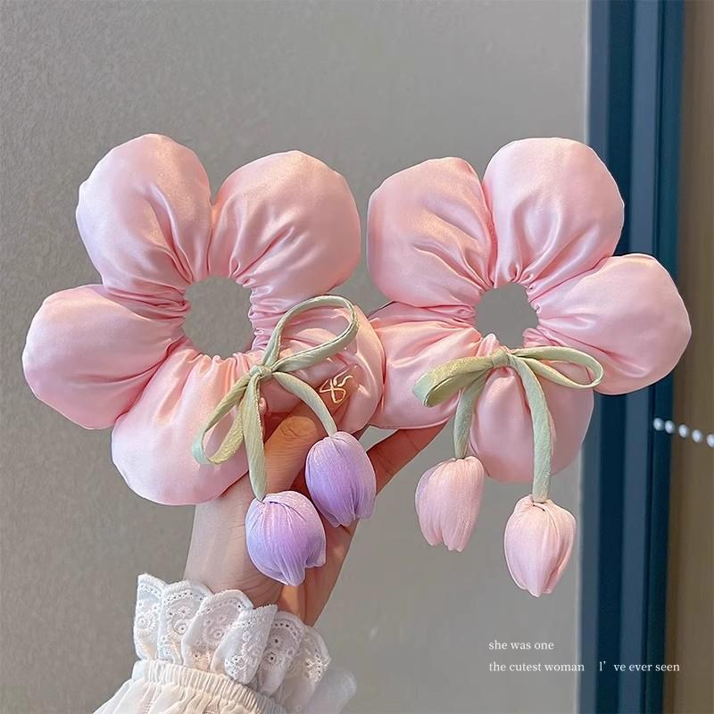 Sweet Gentle Women Tulip Flowers Ribbons Hair Scrunchies Fairy Bowknot Streamers Hair Ribbons Ponytail Holder Hair Accessories