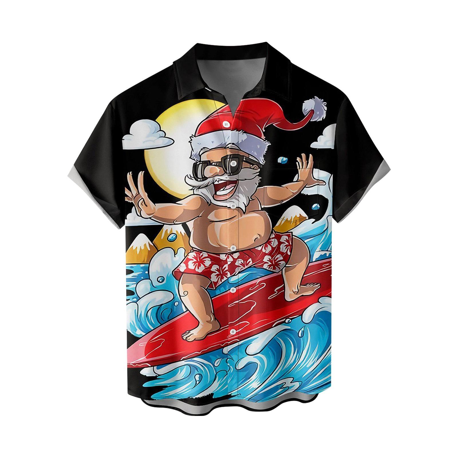 

Men s Casual Hawaiian Christmas Print Short Sleeve Loose Button Shirt Top XXXL чёрный