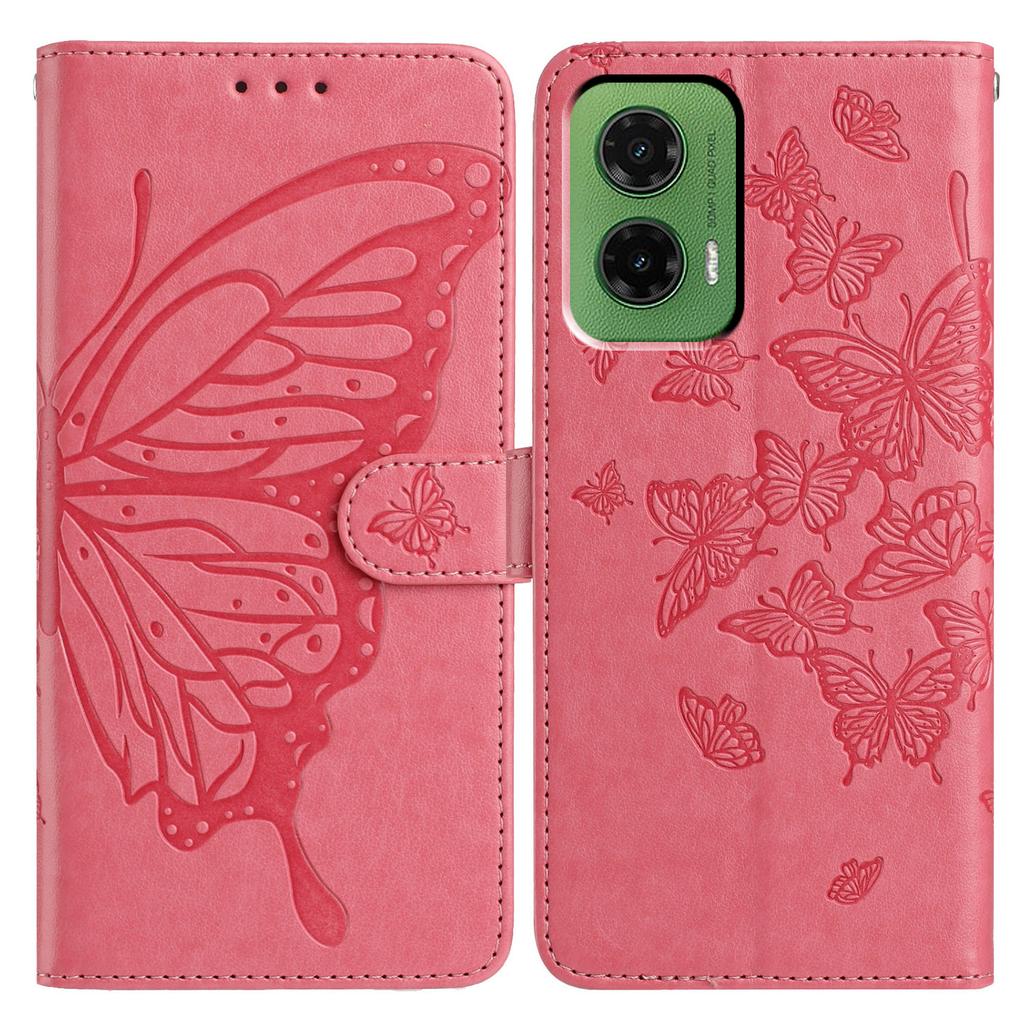 Für Motorola Moto G35 5G Hülle Schmetterling geprägt Brieftasche Ständer PU Leder Klapphandyhülle mit Riemen