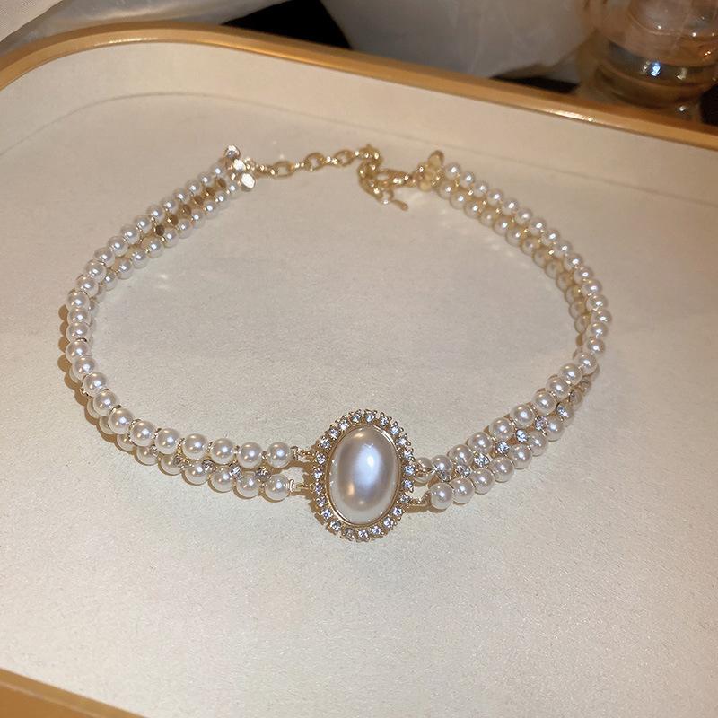 Retro Court Style Double Layer Pearl & Diamond Necklace - Elegant Choker for Women