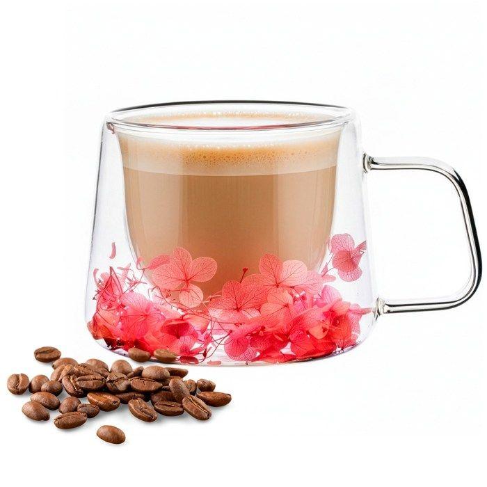 Verre thermique à double fond 180 ml avec fleurs, tasse à café et thé, avec anse