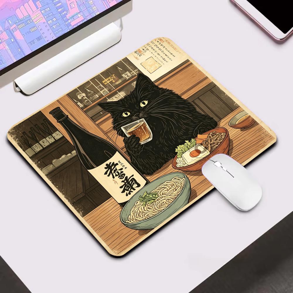 Black Cat Eating Ramen Mouse Pad Small Laptop Computer Office Table Mats PC Gaming Esports MousePad HD Non-Slip Rubber Desk Mat