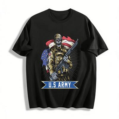 Vintage US Army Skull Soldier Print Tee Military Style Casual Top Pure Cotton T-shirt