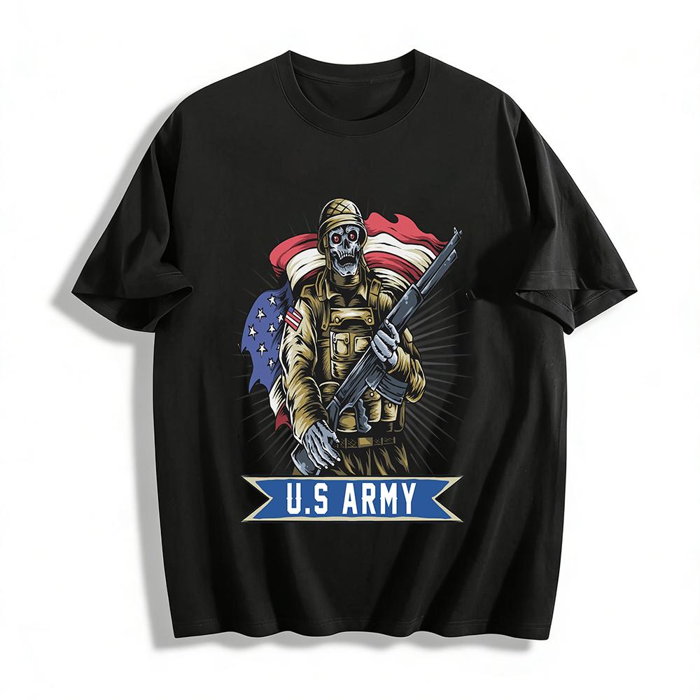 Vintage US Army Skull Soldier Print Tee Military Style Casual Top Pure Cotton T-shirt