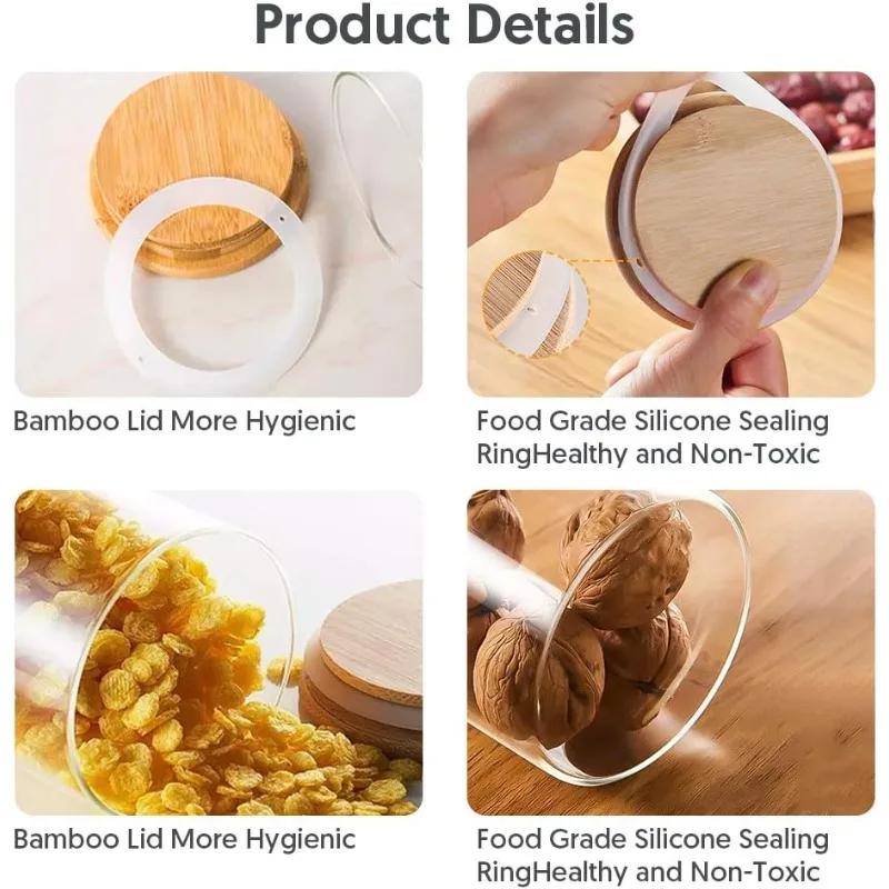Zestaw 12 szklanych słoików z bambusowymi hermetycznymi pokrywkami i etykietami, pojemniki do przechowywania żywności, ulepszone słoiczki na przyprawy do organizera domowej kuchni