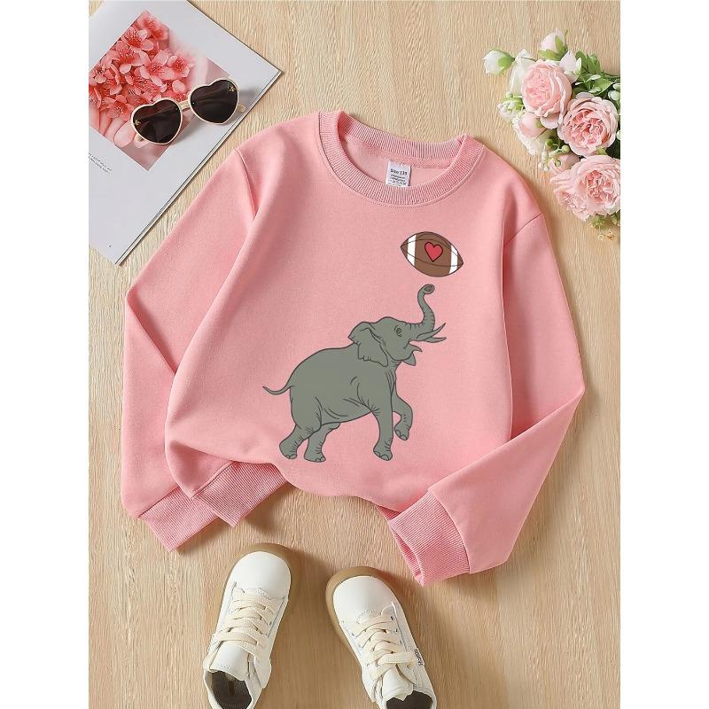 Kids Unisex Crewneck Sweatshirt, Cartoon Gray Elephant Balancing Football With Red Heart Print Soft Fleece Pullover For Kids Over 4 Years Old