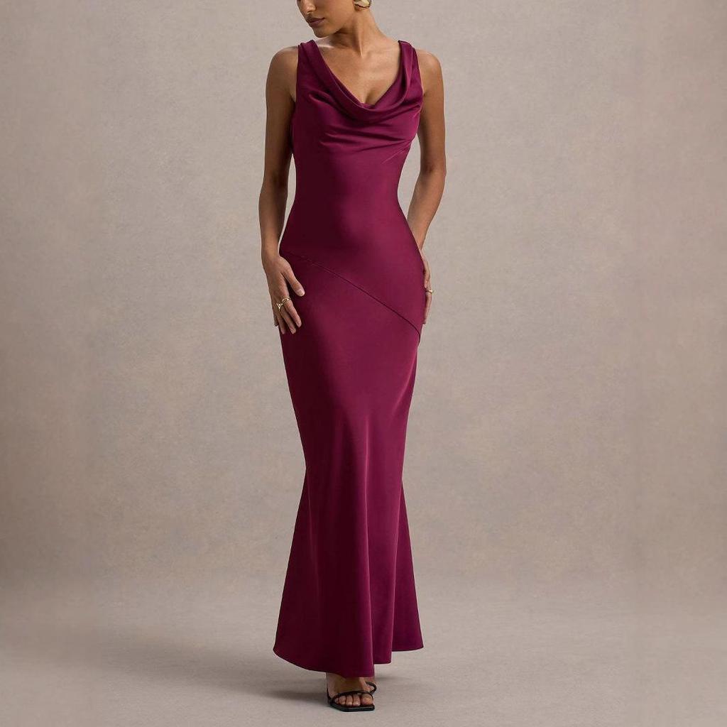 Women's Elegant Luxury Satin Cowl Neck Backless Sleeveless Slim Fit Mermaid Maxi Evening Formal Dress