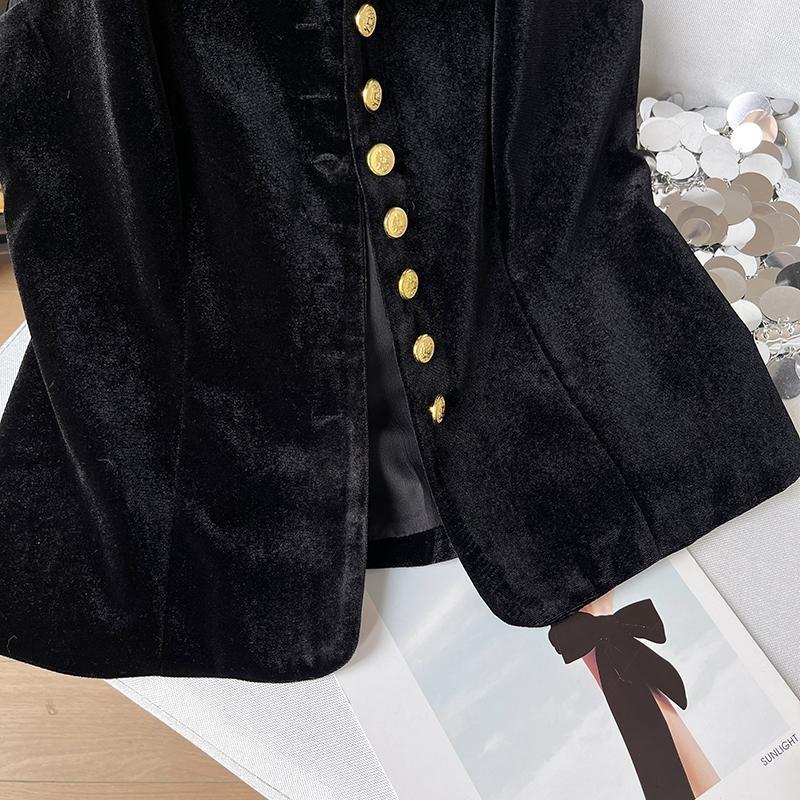 Retro simple vest women's velvet top round neck sleeveless button-up vest