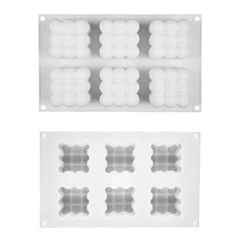 6 Cavities 3D Cube Baking Mousse Cake Mold Silicone Square Bubble Dessert Molds Cake Tray Kitchen Bakeware Candle Plaster Mould