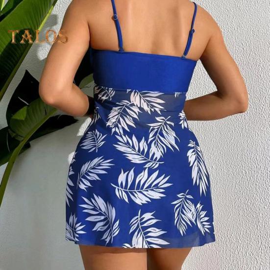 2Pcs/Set Women Summer Swimsuit Set Adjustable Straps Print Mesh Hem Bandeau Tops High Waist Swim Shorts Set