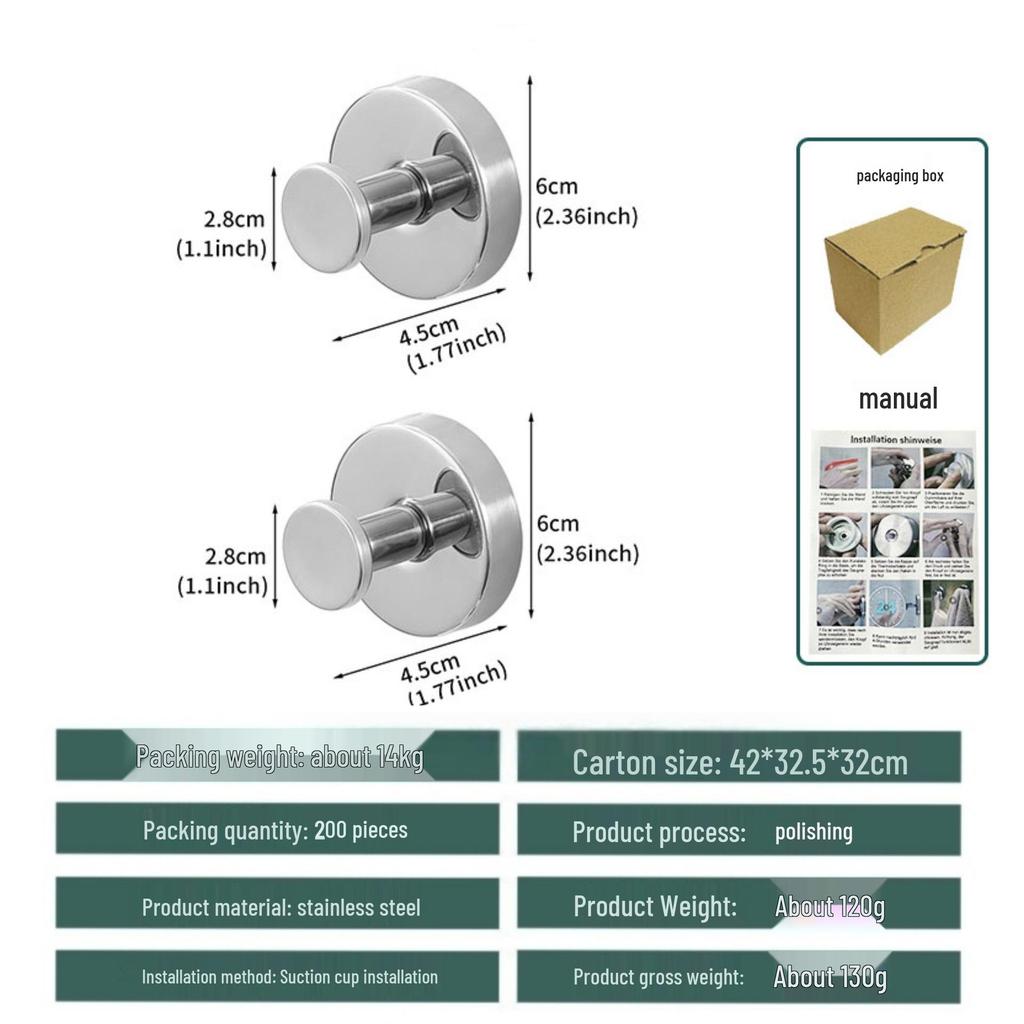 Stainless Steel No-Drill Strong Suction Cup Clothes Hook for Bathroom Glass Doors