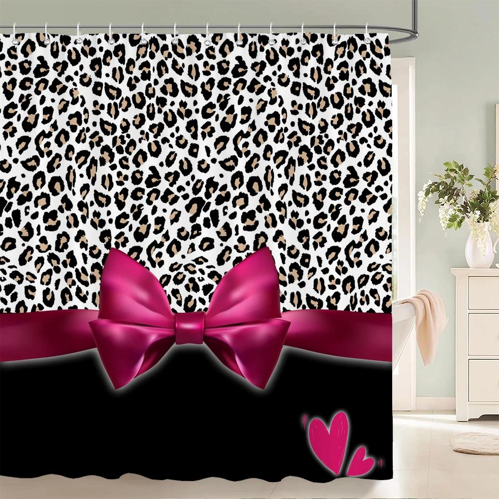 1 Pc Modern Bowknot Leopard Pattern Shower Curtains With Hooks Bathroom Curtains Printing Shower Curtain Home Decor Curtain