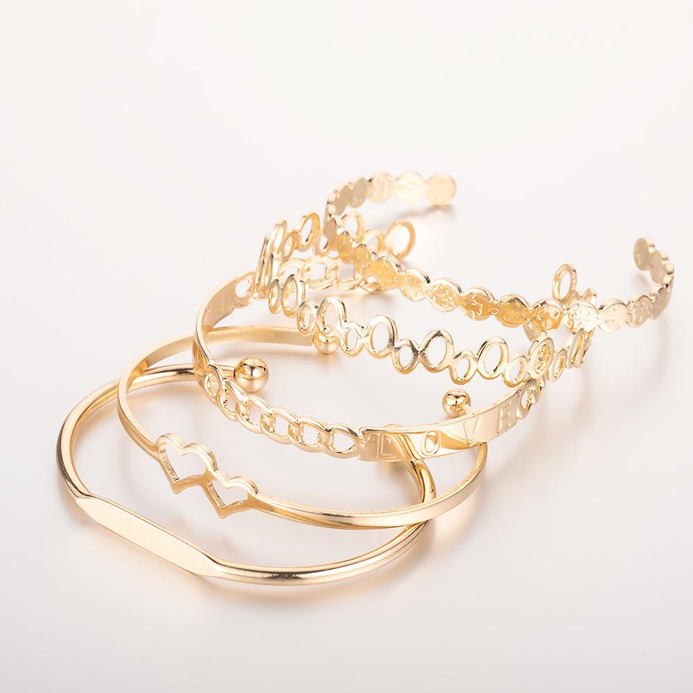 European & American 5-Piece LOVE Bracelet Set: Creative Hollow Bangles with Double Heart Design