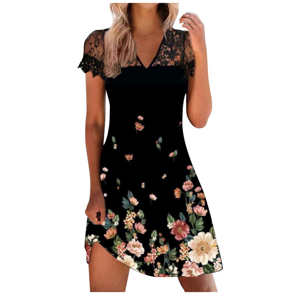 Fashion Women V-neck Printed Lace Splicing Dress Casual Slim Pullover Dress
