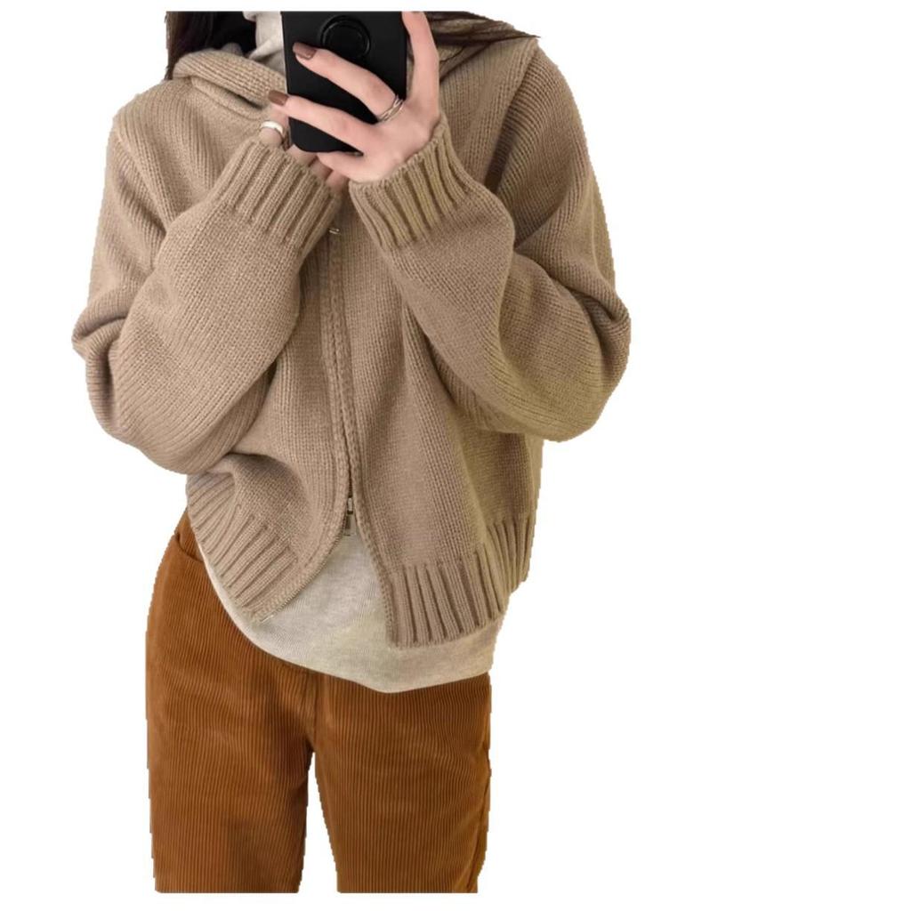 Women's Autumn/Winter Hooded Wool Knit Cardigan - Double Zipper Short Loose Sweater Coat