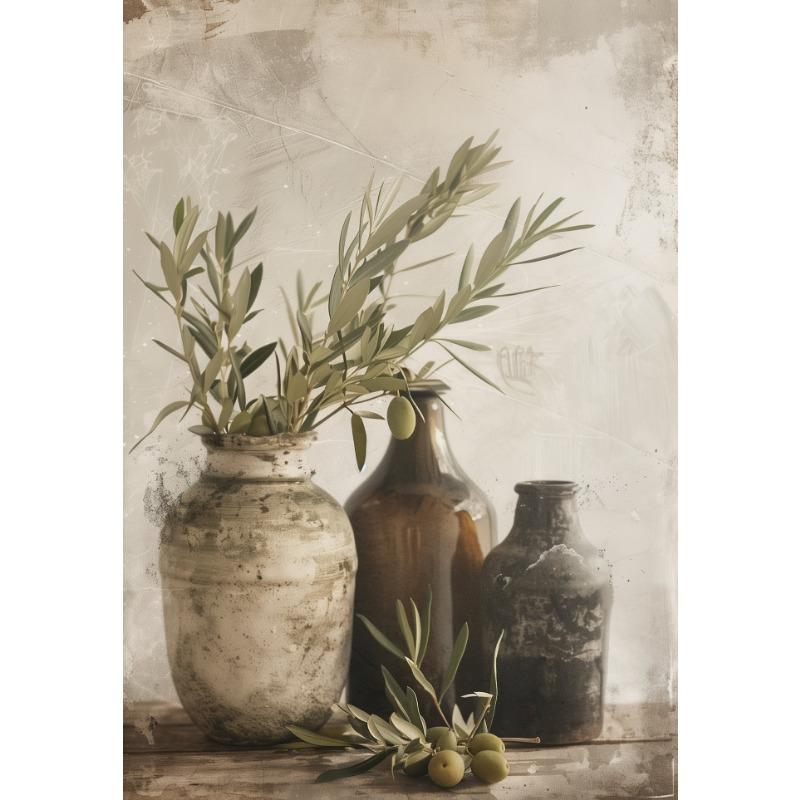 Mediterranean Antique Olive Branch Green Plant Rustic Kitchen Elegant Vase Poster Canvas Painting Wall Picture Home Decor