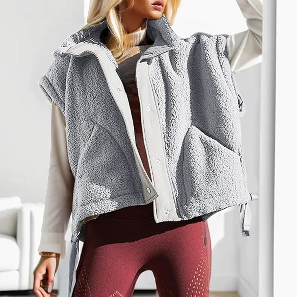 Damen Modische Fleeceweste Übergroße Ärmellose Shearlingjacke Warme Knopfleiste Weste Oberbekleidung