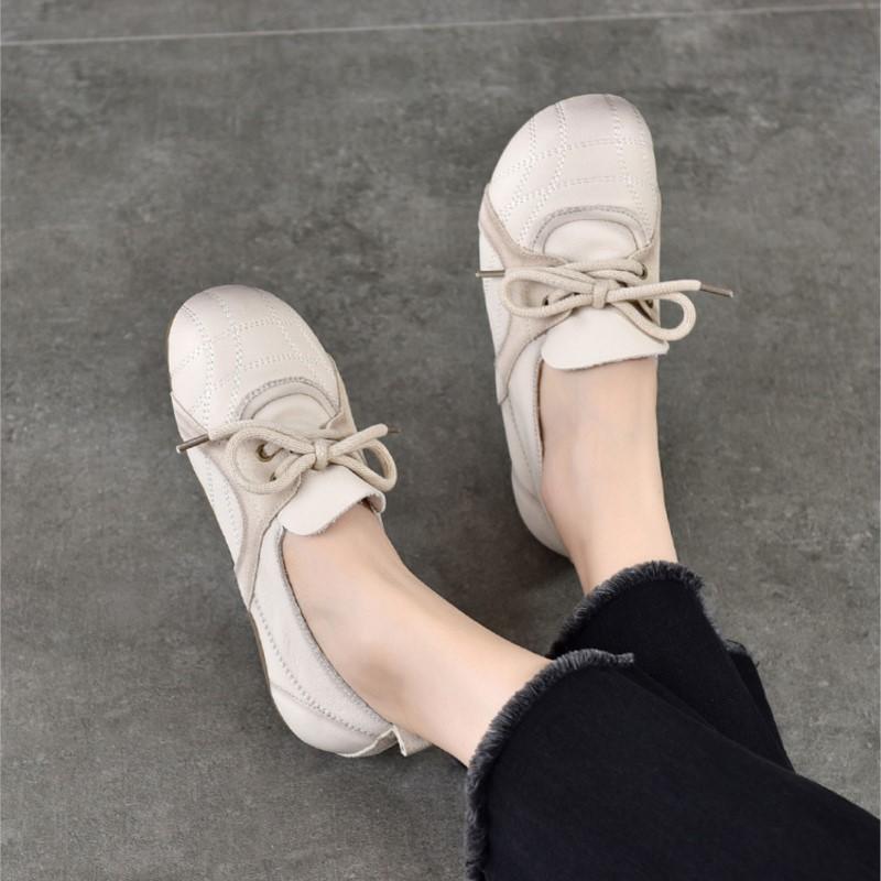 Johnature Genuine Leather Soft Soled Loafers Casual Comfortable Round Toe Lace Up Women's Flat Shoes