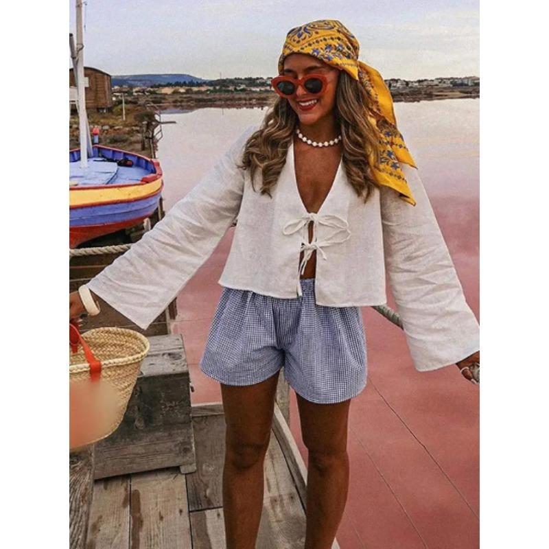 

Модная женская рубашка с глубоким V-образным вырезом и расклешенными длинными рукавами, повседневная свободная блузка на шнуровке, элегантный милый офисный топ, однотонная уличная одежда, женская одежда XXL белый