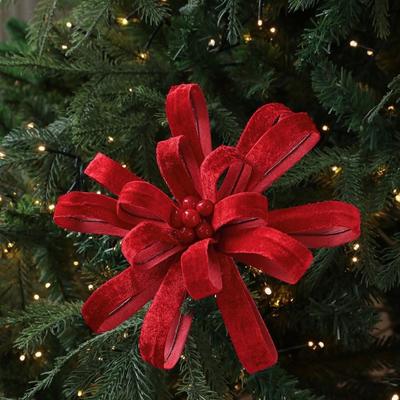 New 25CM Artificial Poinsettia Flower Flocking Fabric Ribbon Simulation Flowers Christmas Flower Christmas Tree Accessory