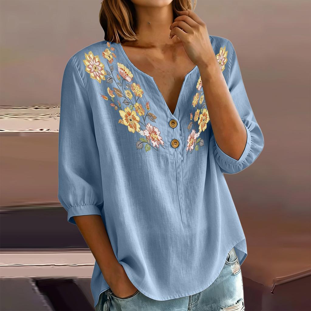 Women Floral Pattern Henley Neck Button Front Three Quarter Sleeve Linen Cotton Blend Shirt Casual Loose Fit Blouse