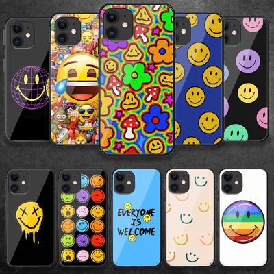 Custodia per telefono in vetro temperato con motivo Smiley per iPhone Samsung Galaxy OnePlus Oppo Xiaomi Redmi Note SA 7 8 9 10 11 12 13 14 20 21 22 53 Pro Ultra