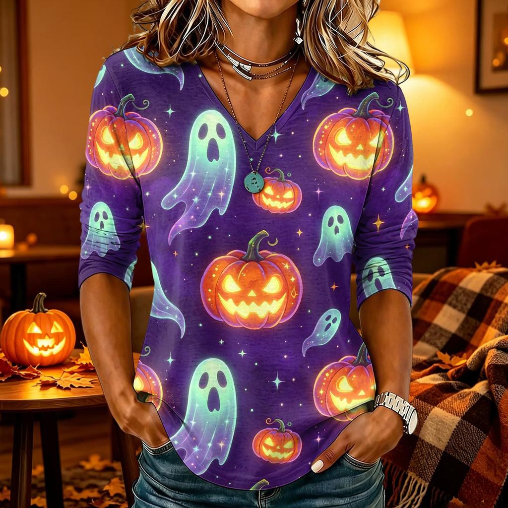 Women's Casual Halloween Print V-Neck Three-Quarter Sleeve Top for Party Wear